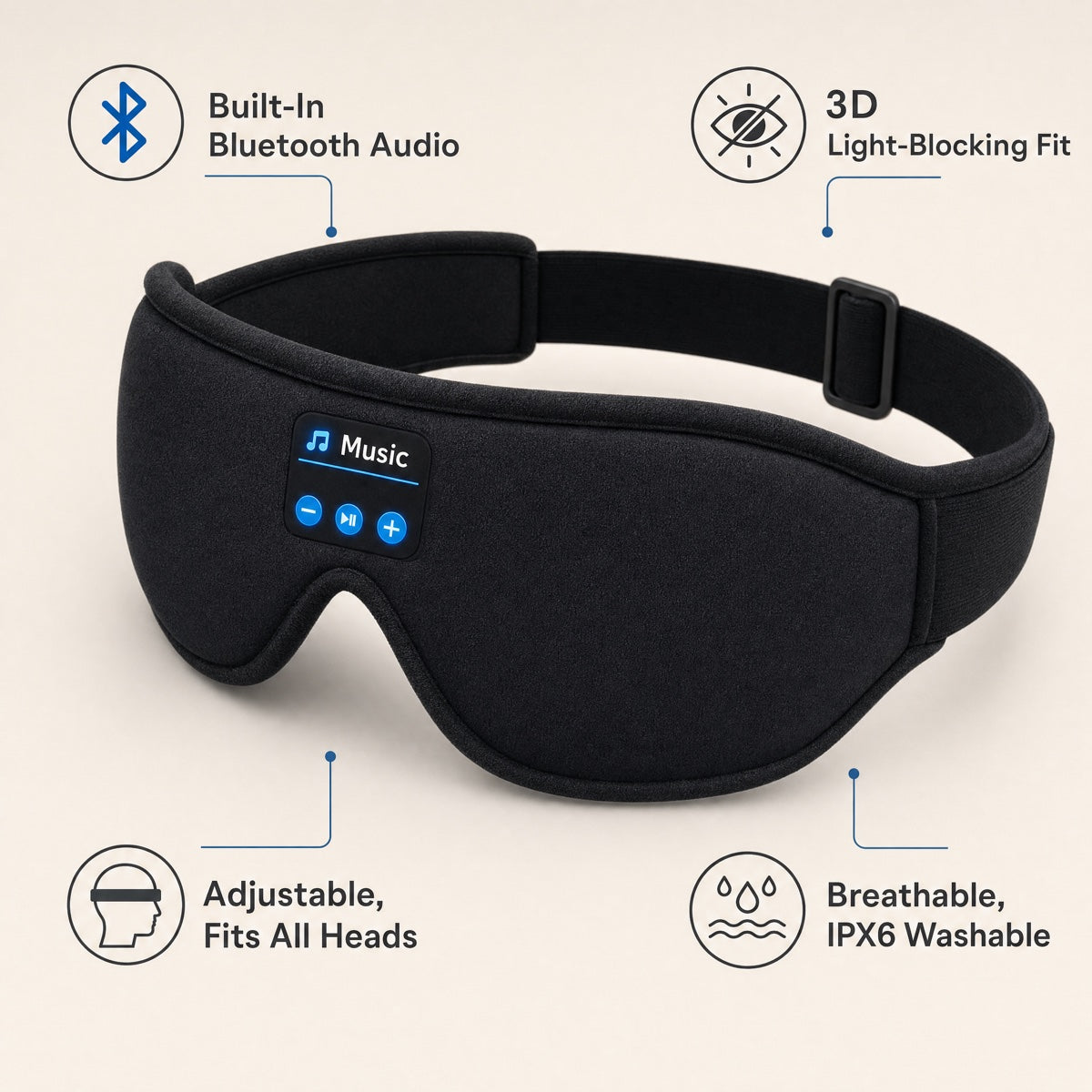3D Bluetooth sleep mask with rechargeable battery and stereo sound